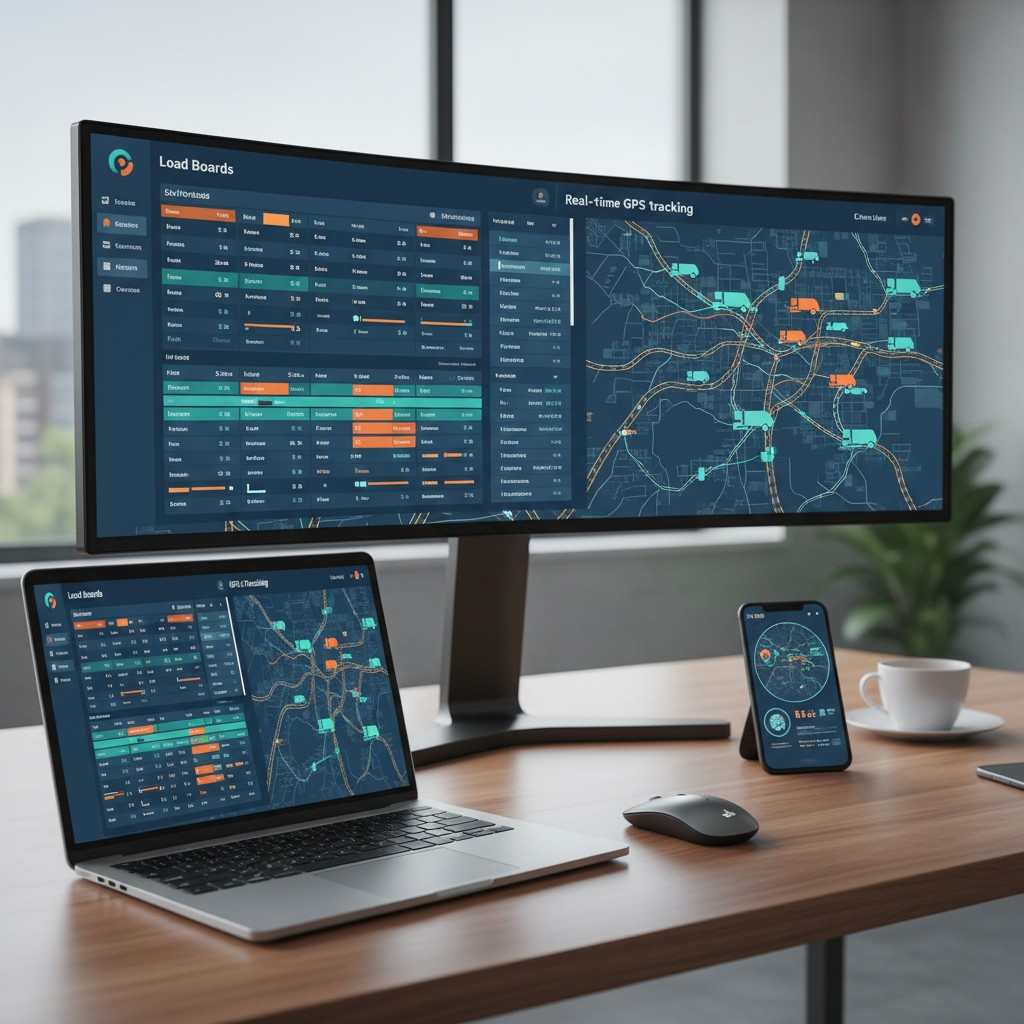 A digital dashboard showing load boards and real-time GPS tracking for trucks, with a laptop and smartphone on a workspace.
