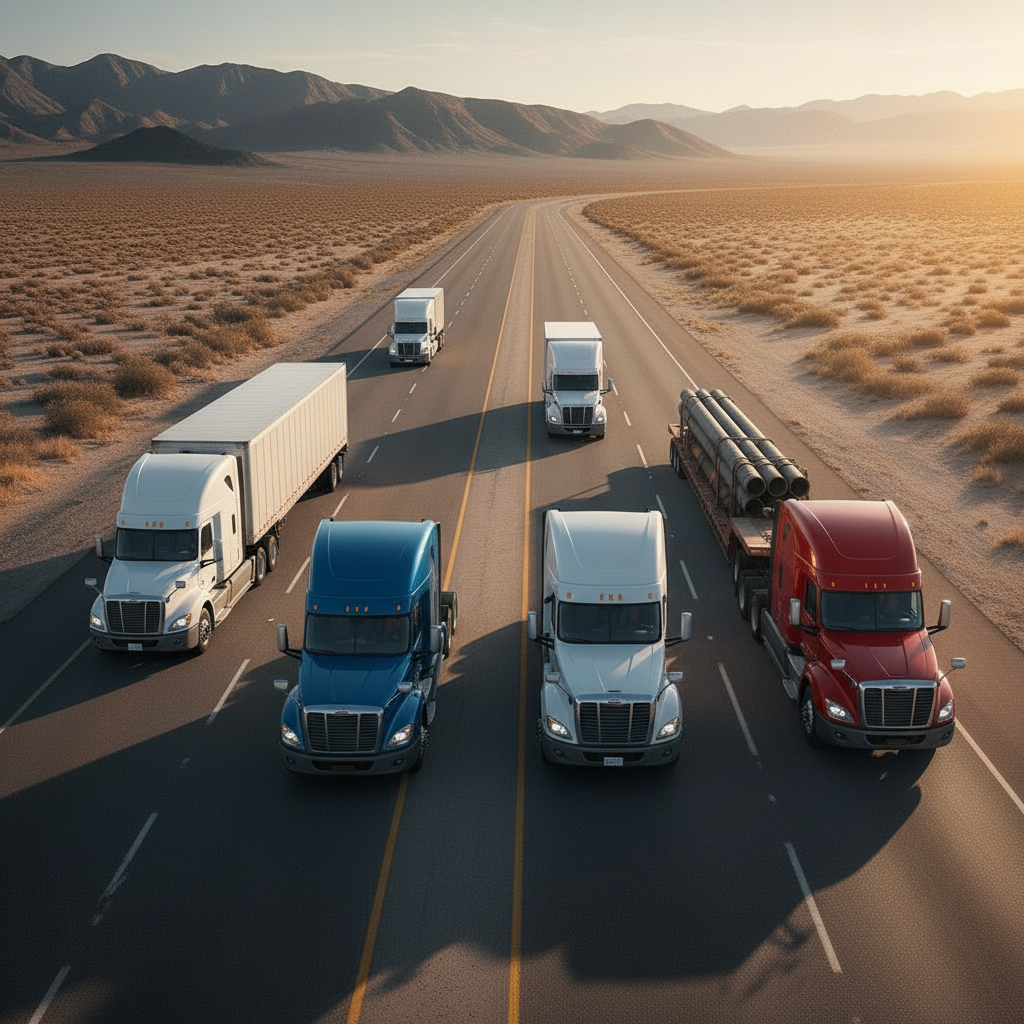 A variety of trucks specifically used for American freight: 53ft dry van, reefer truck, flatbed, stepdeck, power only, and hotshot trucks—all on a highway. Exclude any box trucks and military vehicles. Modern, professional style suitable for a dispatch company website.