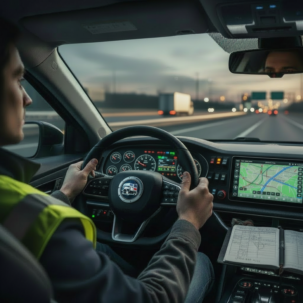The inside of a semi truck cab as seen from the driver's seat, with a classic American 53ft semi truck clearly depicted in the center of the steering wheel. The environment is unmistakably that of a semi truck (not a car), showing details like a logbook, GPS map for trucks, and dashboard design typical of a semi truck. No car elements present.