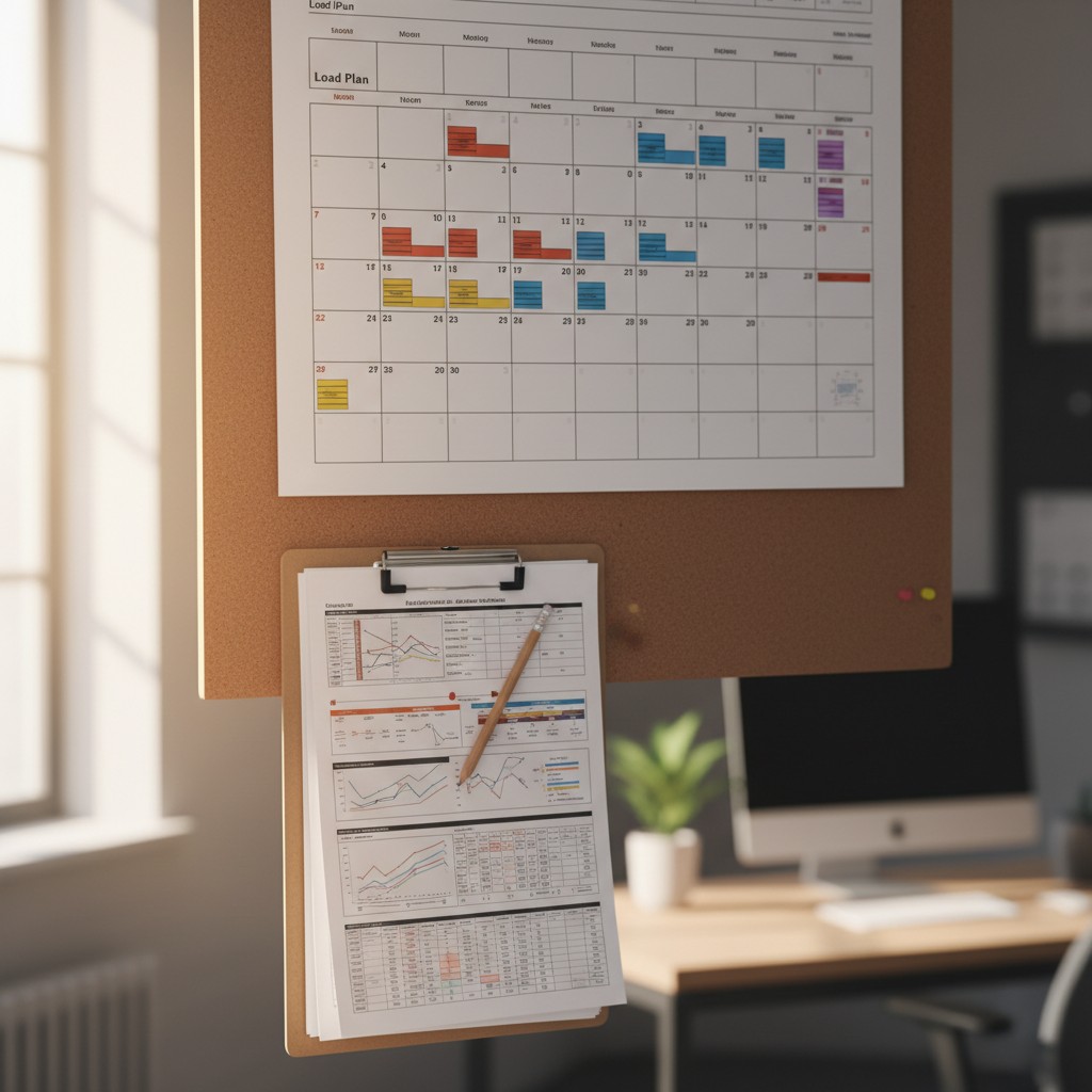A pushpin bulletin board displaying a load plan calendar and a clipboard with graphs attached below it hangs above a woode...