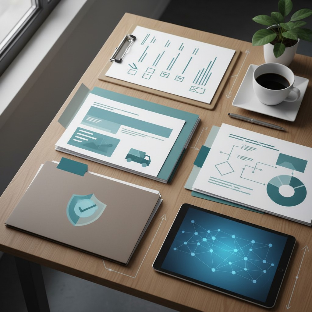 A collection of office supplies and digital tools on a wooden desk, featuring clipboards, notebooks, laptops, and mobile d...