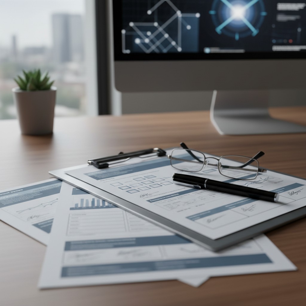 A blurry office desk with a monitor, plant and papers.