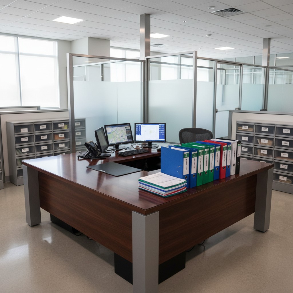 A neat office contains multiple binders of varied colors and a customizable desk and computer space among many materials f...