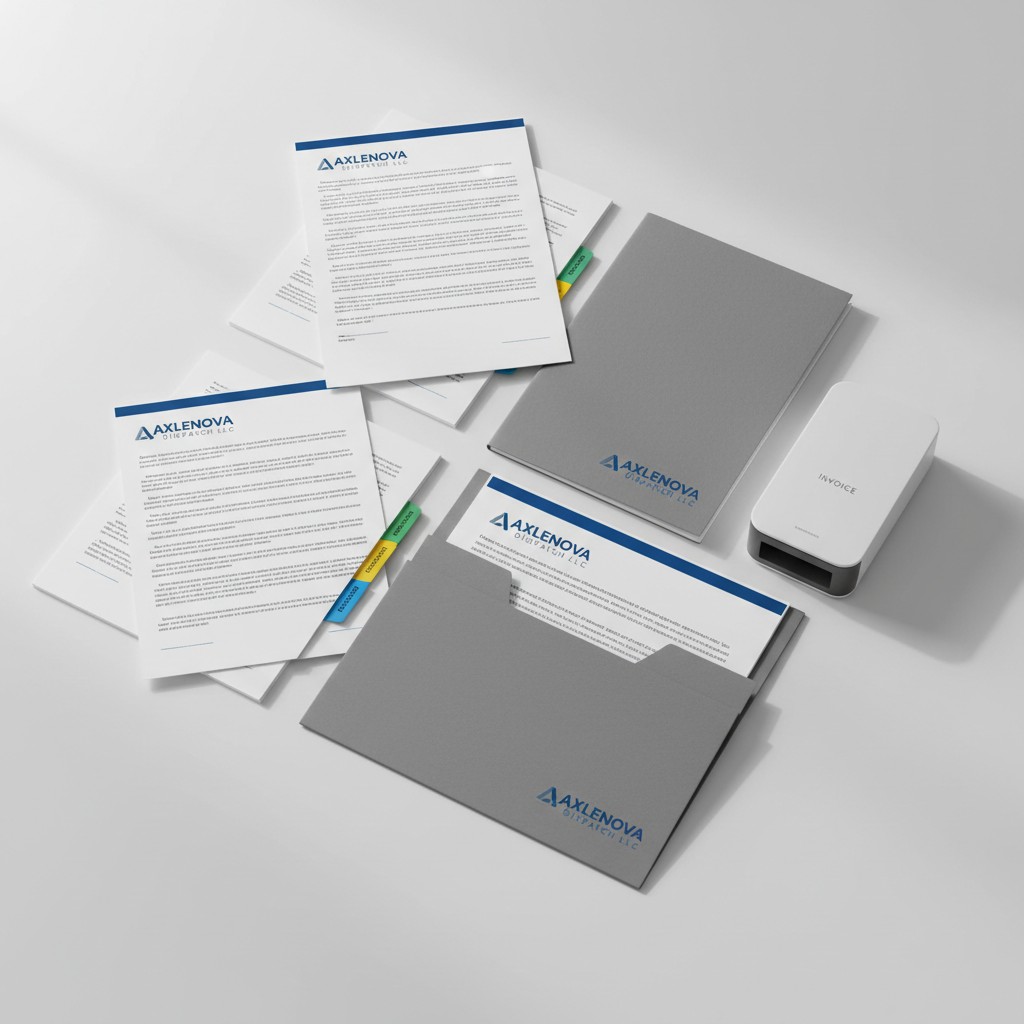 Illustrations of various corporate documents and a tablet with an "INVOICE" label on the screen.