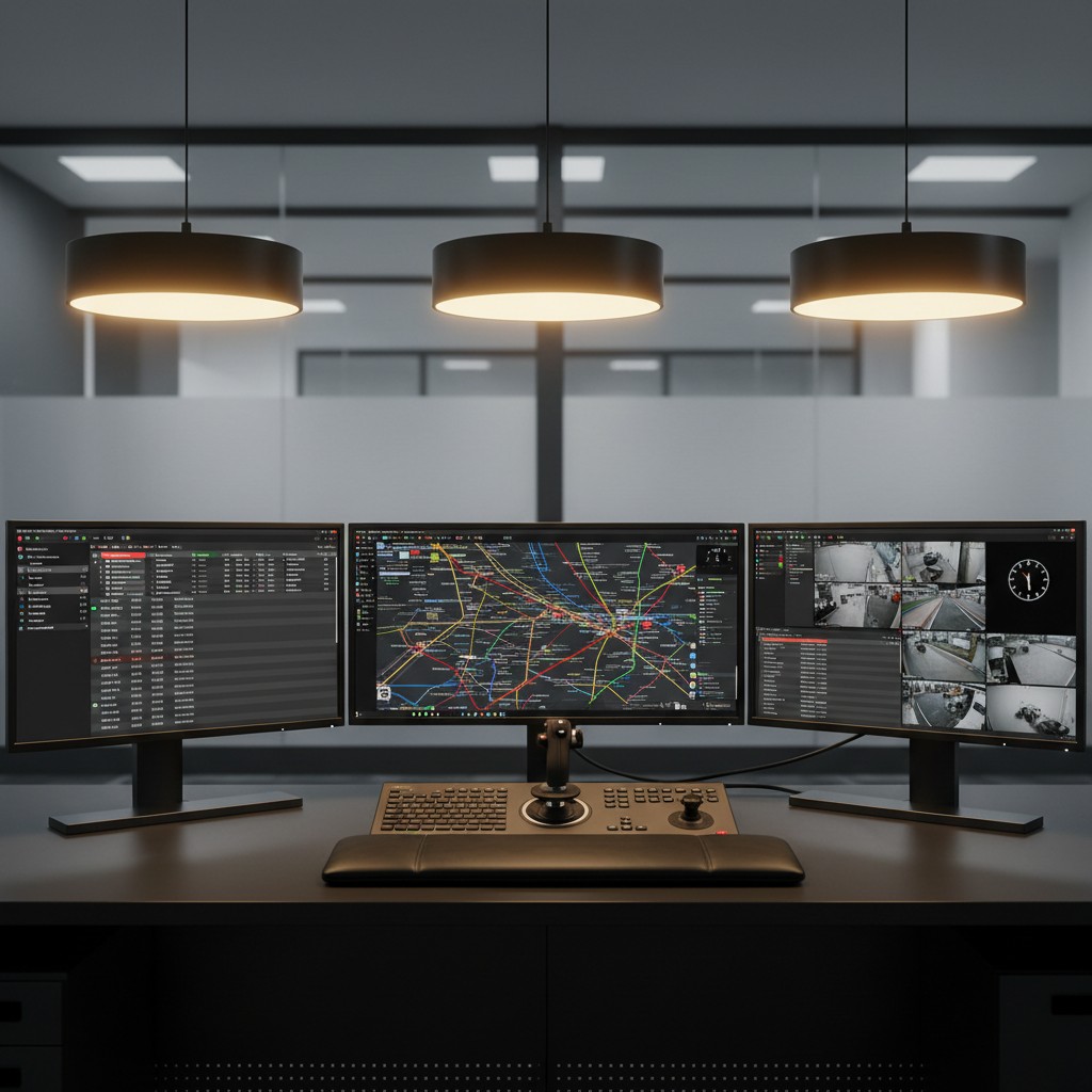Computer screens with control consoles and a map on multiple monitors against a background of office lights.