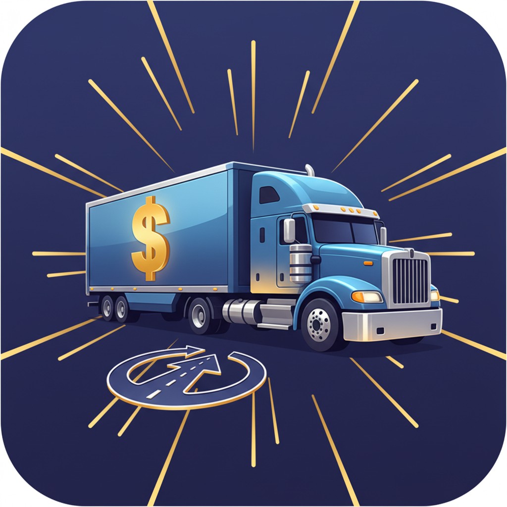 An illustration of a blue semi-truck driving on the road, a dollar sign is on the side of the trailer, the background is n...