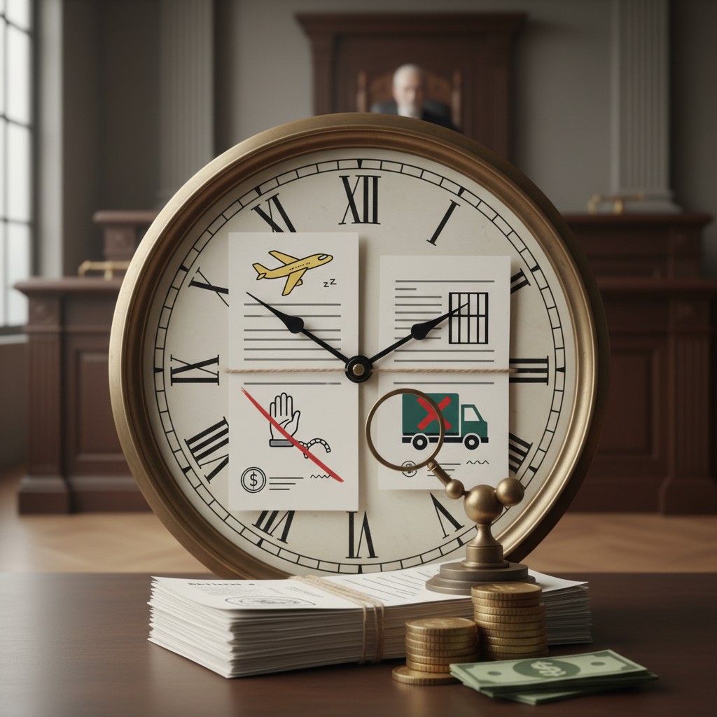 A large, gold-framed clock dominates a dark brown table, featuring Roman numerals and the title "time's up." In front of t...
