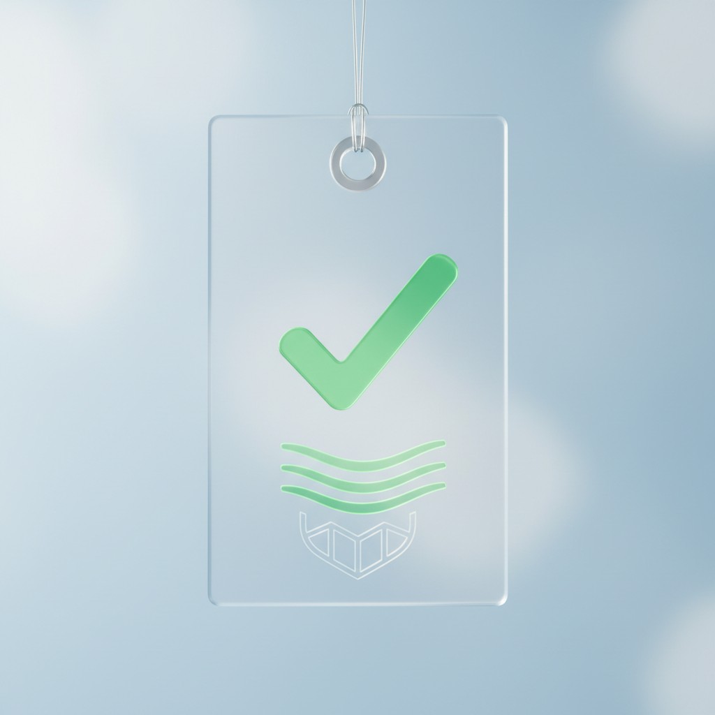 A simple credential tag with a green checkmark and a small face mask.