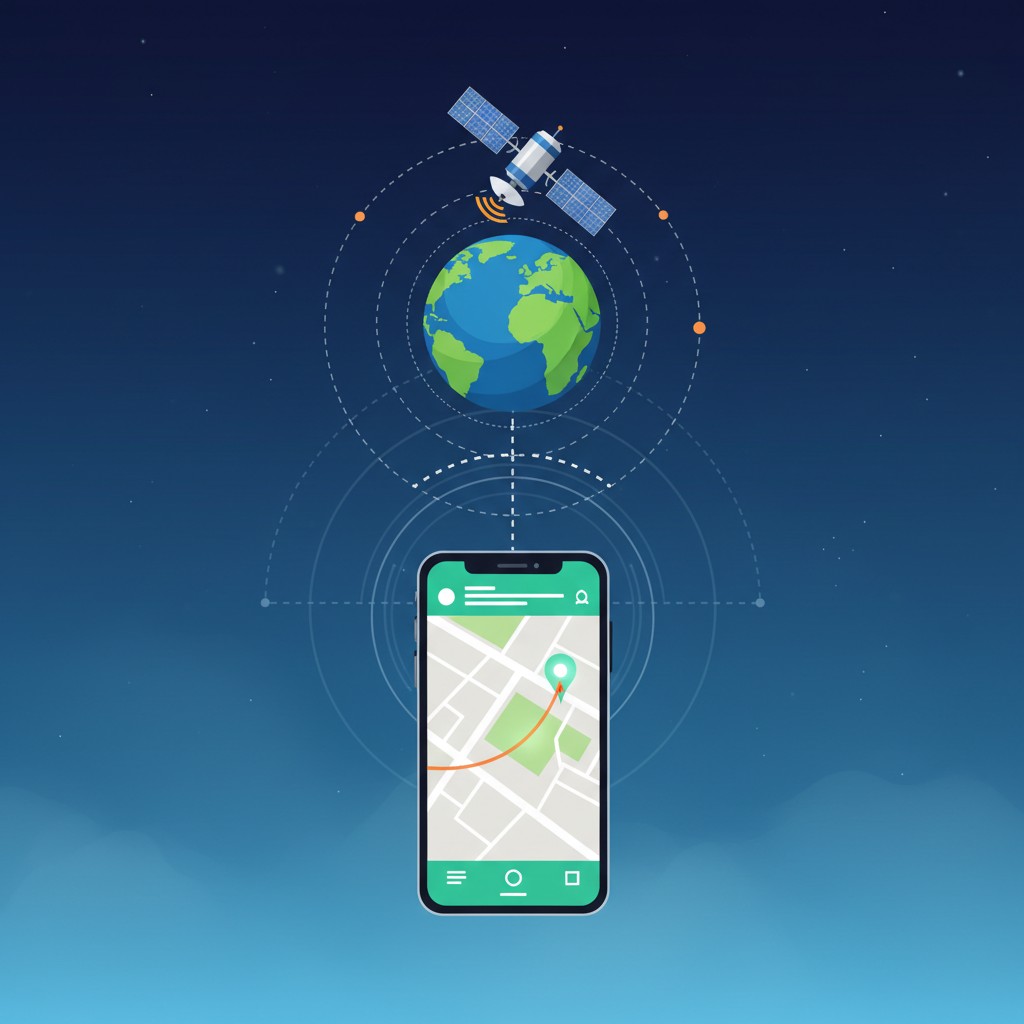 An illustration of the Earth and a satellite orbiting around it with a smartphone displaying a map below.