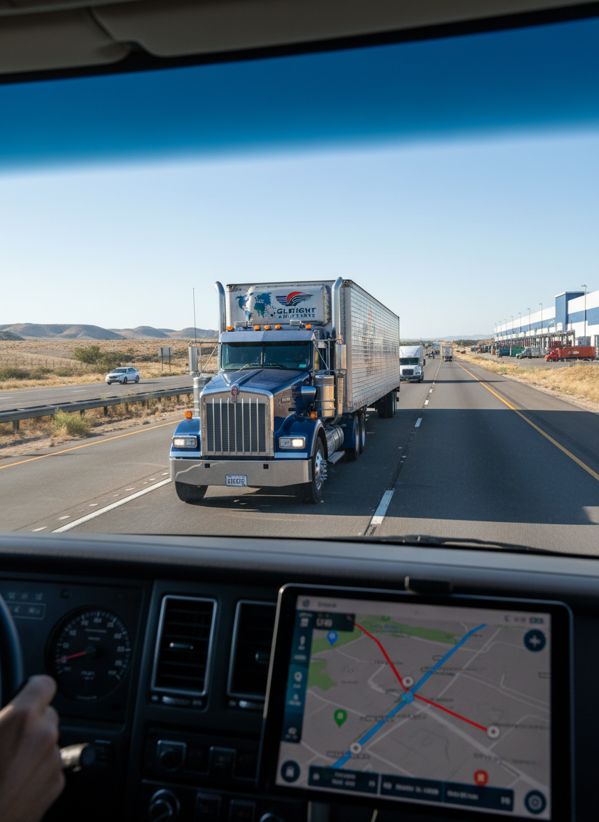 American semi-truck on a U.S. highway during the day, logistics and freight focus, replacing indoor office dispatch scene