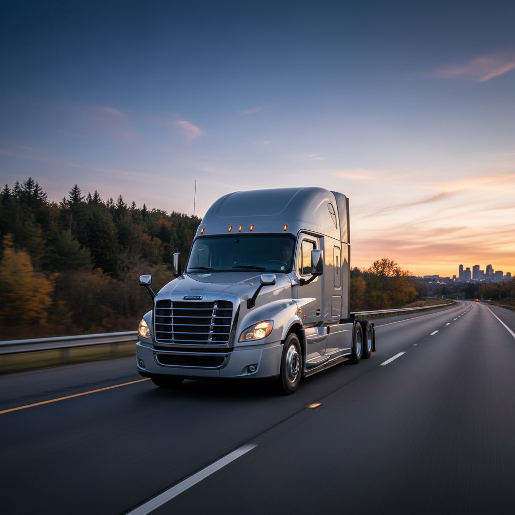 High-quality photo of an American semi-truck, Freightliner or Peterbilt, on the road at dusk with a professional, business-like look suitable for a dispatch company website. No logos.